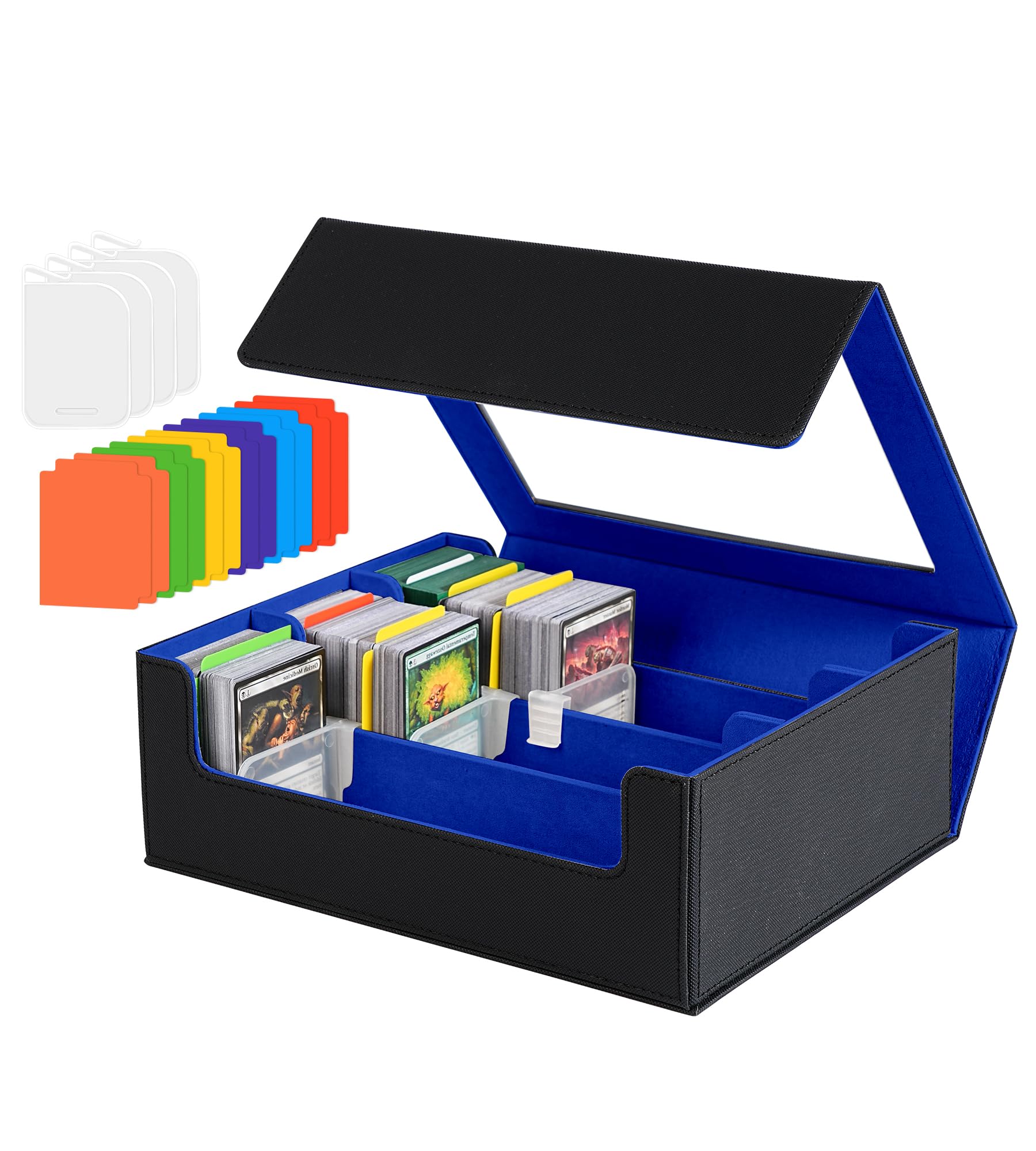 Trading Card Storage Box - 2400+ Commander Card Deck Case with See-through Display Top for Magic the Gathering YuGiOh, TCG PTCG MTG Box with 12 Dividers 4 Supporters, Black and Blue