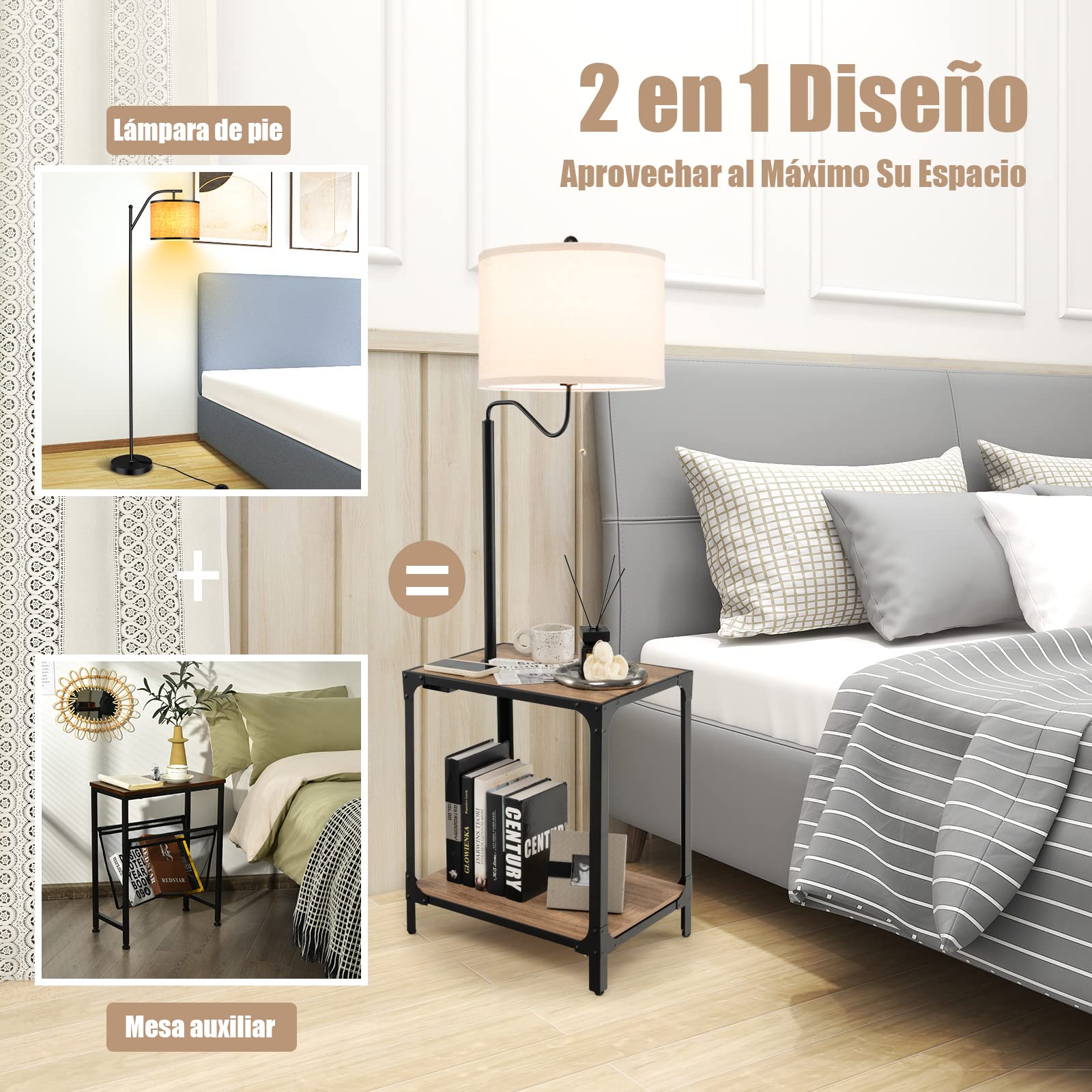 COSTWAY Lámpara de Pie con Mesa y Puertos de Carga USB, Lámpara de Mesa con Brazo Giratorio de 360°, Lámpara de Lectura de Pie Mesita de Noche para Salón, Dormitorio
