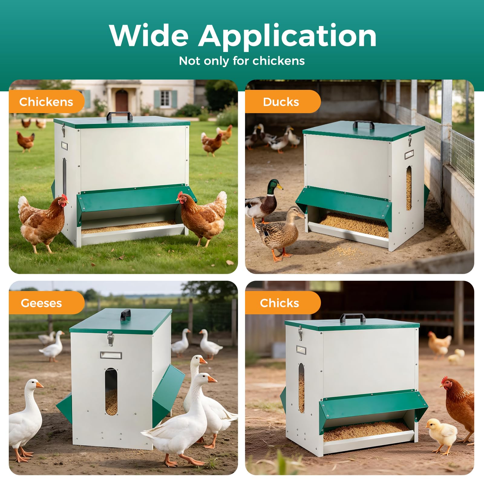 Alimentador automático de aves de corral de metal, 45 kg, con tapa y tapón, sin desperdicio, comedero para pollos, resistente a la intemperie, para exteriores, para pollos, patos, aves de