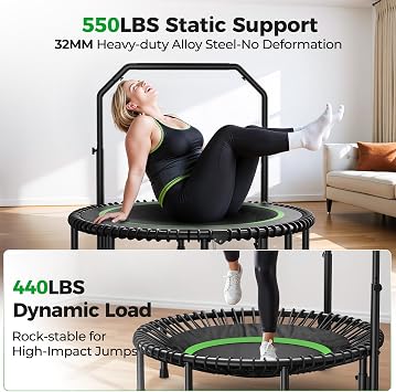 BCAN BT2 450/550LBS Mini Rebounder Trampoline for Adults with Bar, Fitness Trampoline with Bungees, Adjustable Handle, Stable & Quiet, Indoor Outdoor, Whole-Body Workout - 40IN/48IN | FED Fitness