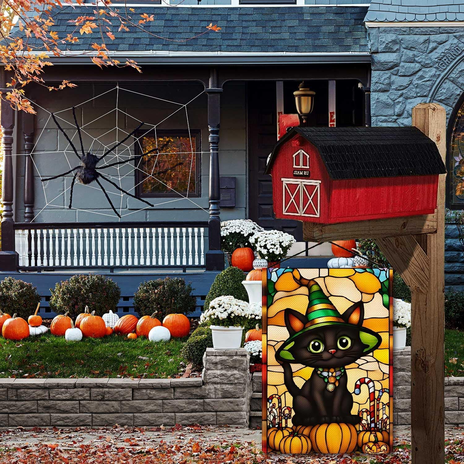 Wizard Cat Garden Flag Halloween Cute Black Cat Stained Glass Style Small Flag for Outside Pumpkin Burlap Double Sided Welcome Yard Lawn Decor 12.5x18" - Image 4