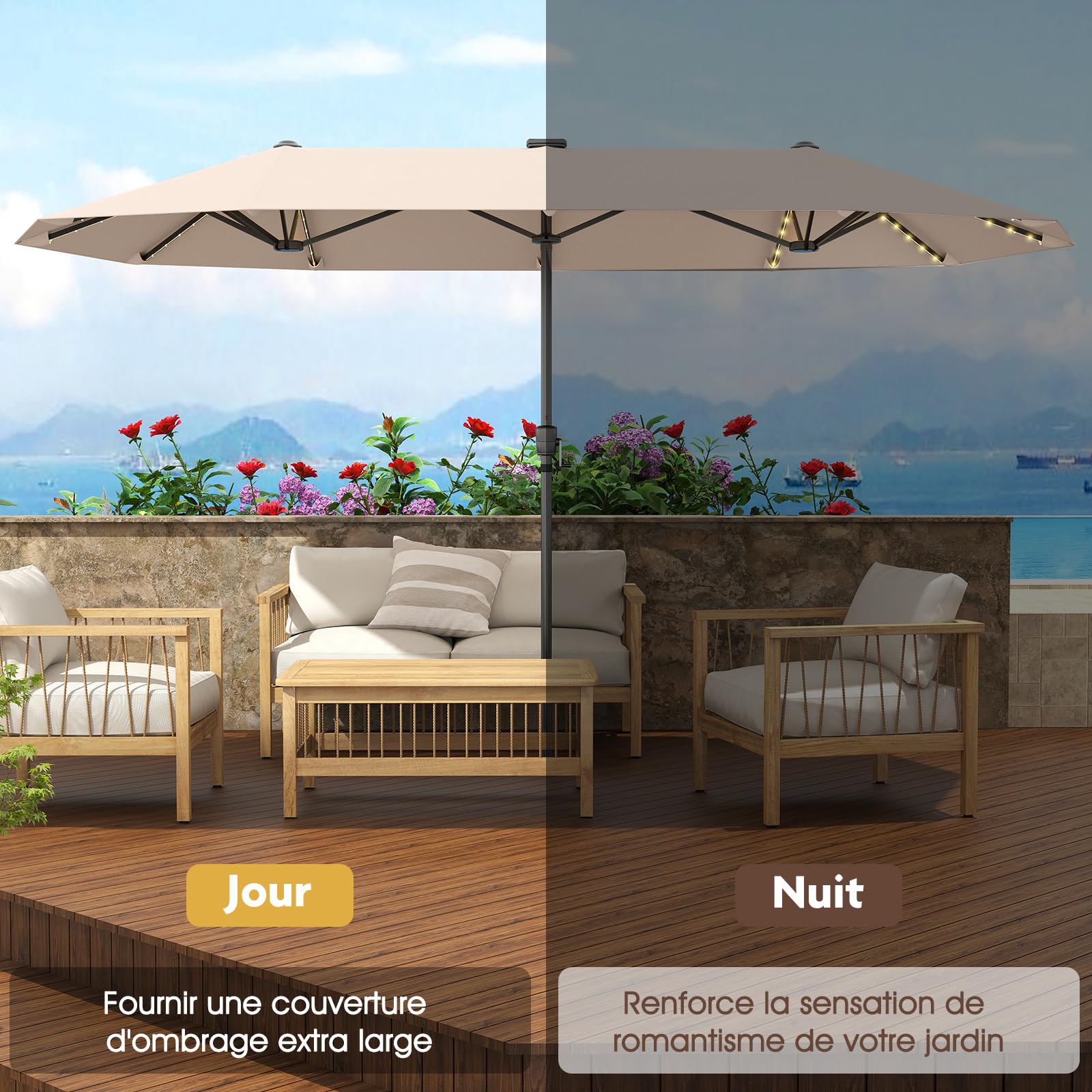 GOPLUS 3,8M Parasol de Jardin Extérieur Double, Grand Parasol Rectangulaire avec LED Coloré, Manivelle, Panneau Solaire, 12 Baleines, pour Terrasses Balcon Cour Marché (Beige)