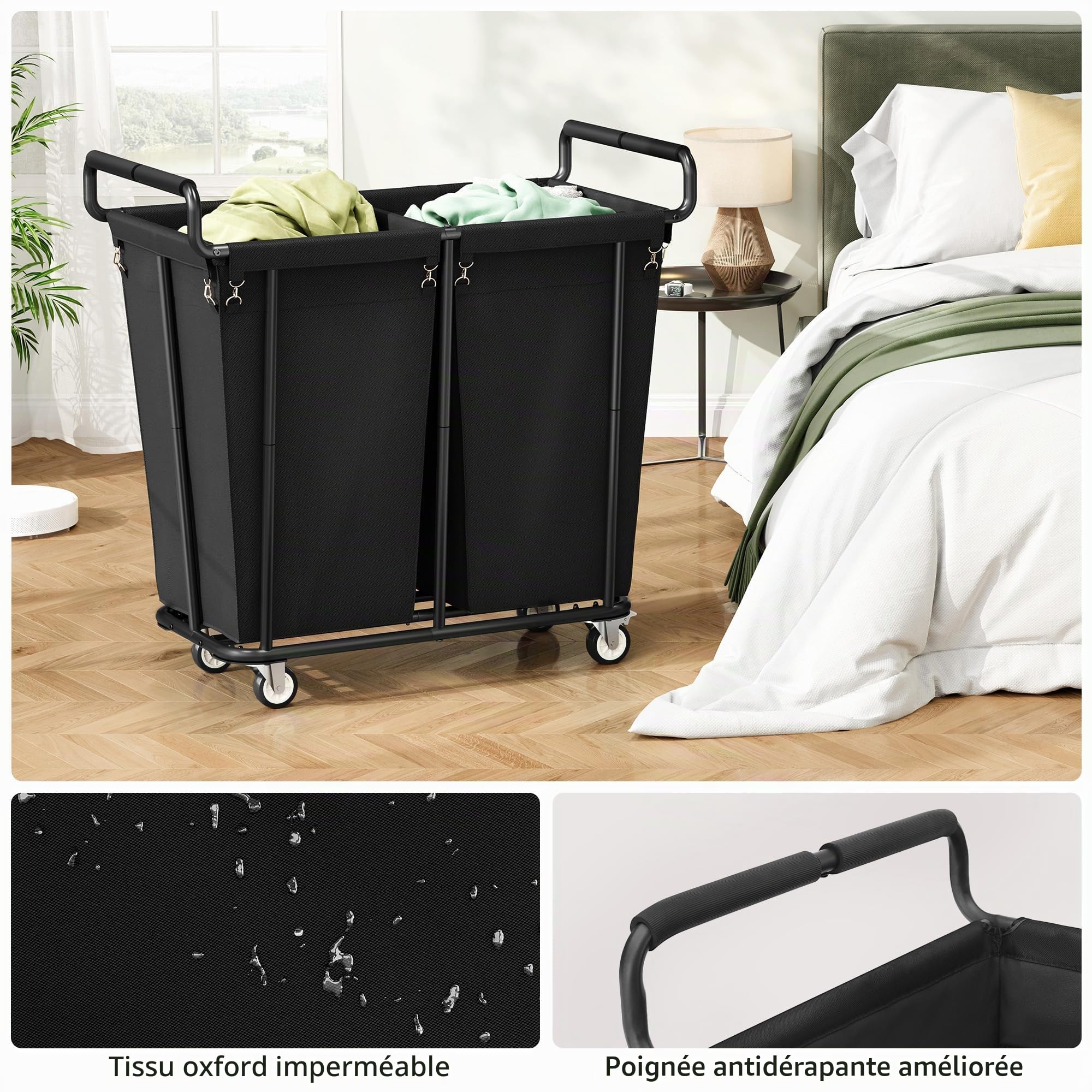 Gewudraw Panier à Linge, 360L Chariot Linge Sale, 2 Compartiment Bac Linge