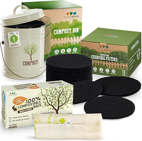 Third Rock - Contenedor de compostaje de cocina de granja de 1.0 galones - Beige - con suministro de 3 años de reemplazo de filtro de carbón y 1 año