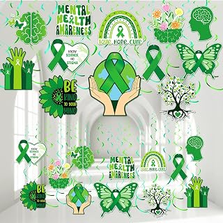 Kosiz 54 Pcs Mental Health Month Decorations, Green Awareness Hanging Swirls Double Sided Mental Health Ceiling Decorations for Office Home Indoor Outdoor Wall Supplies