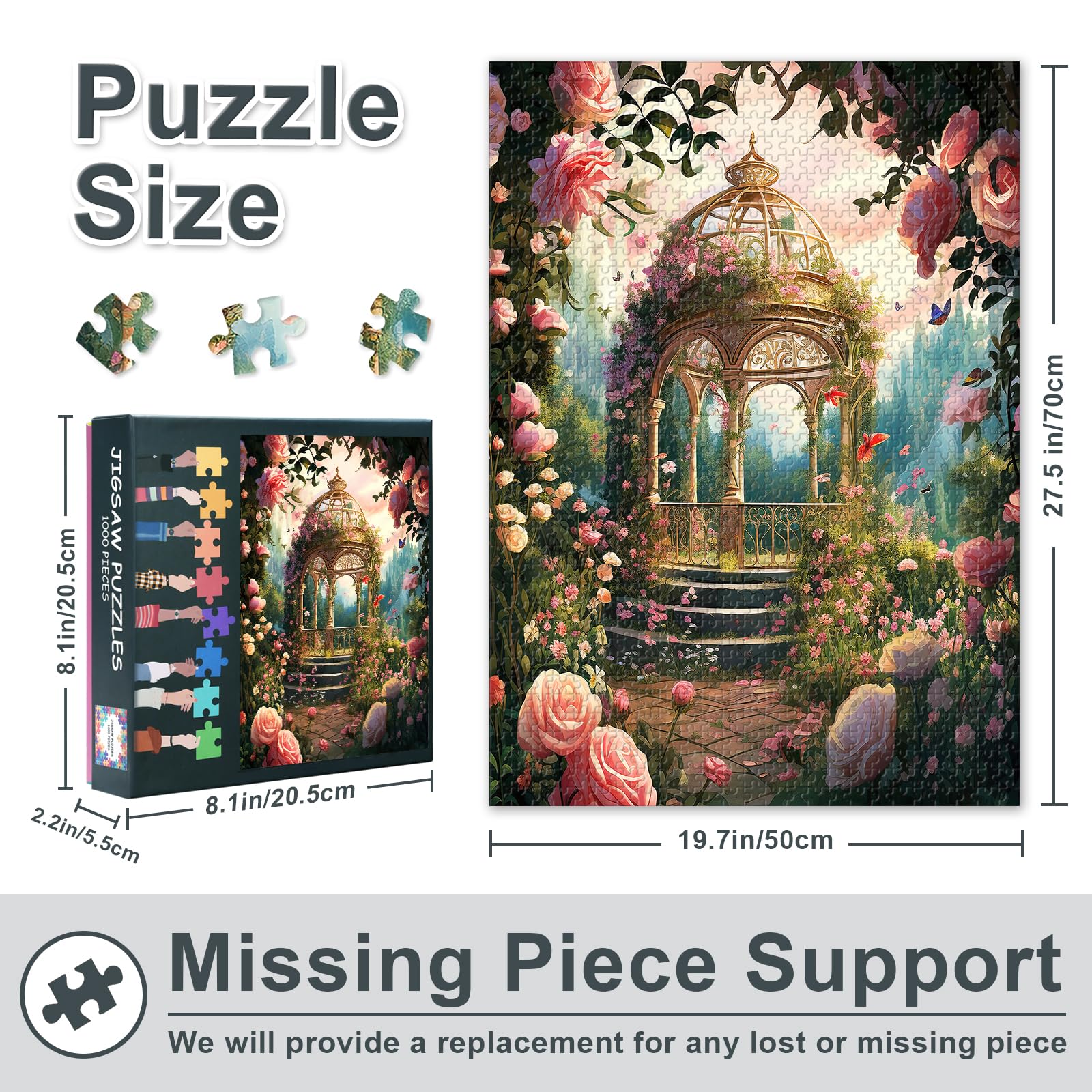 1000 Piece Puzzles for Adults Beautiful Romantic Gazebo in the Park with Roses Jigsaw Puzzles - Image 3