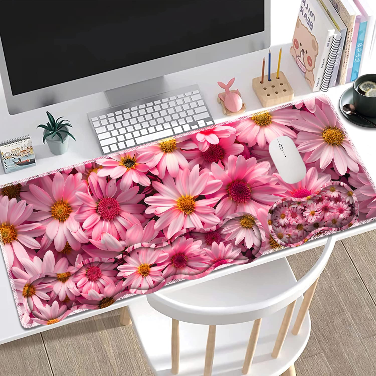 Large Gaming Mouse Pad + Keyboard Wrist Rest + Wrist Support + Coaster Set, Memory Foam Ergonomic for Easy Typing, XXL Extended Gaming Mouse Pad Table Pad - Pink Daisy