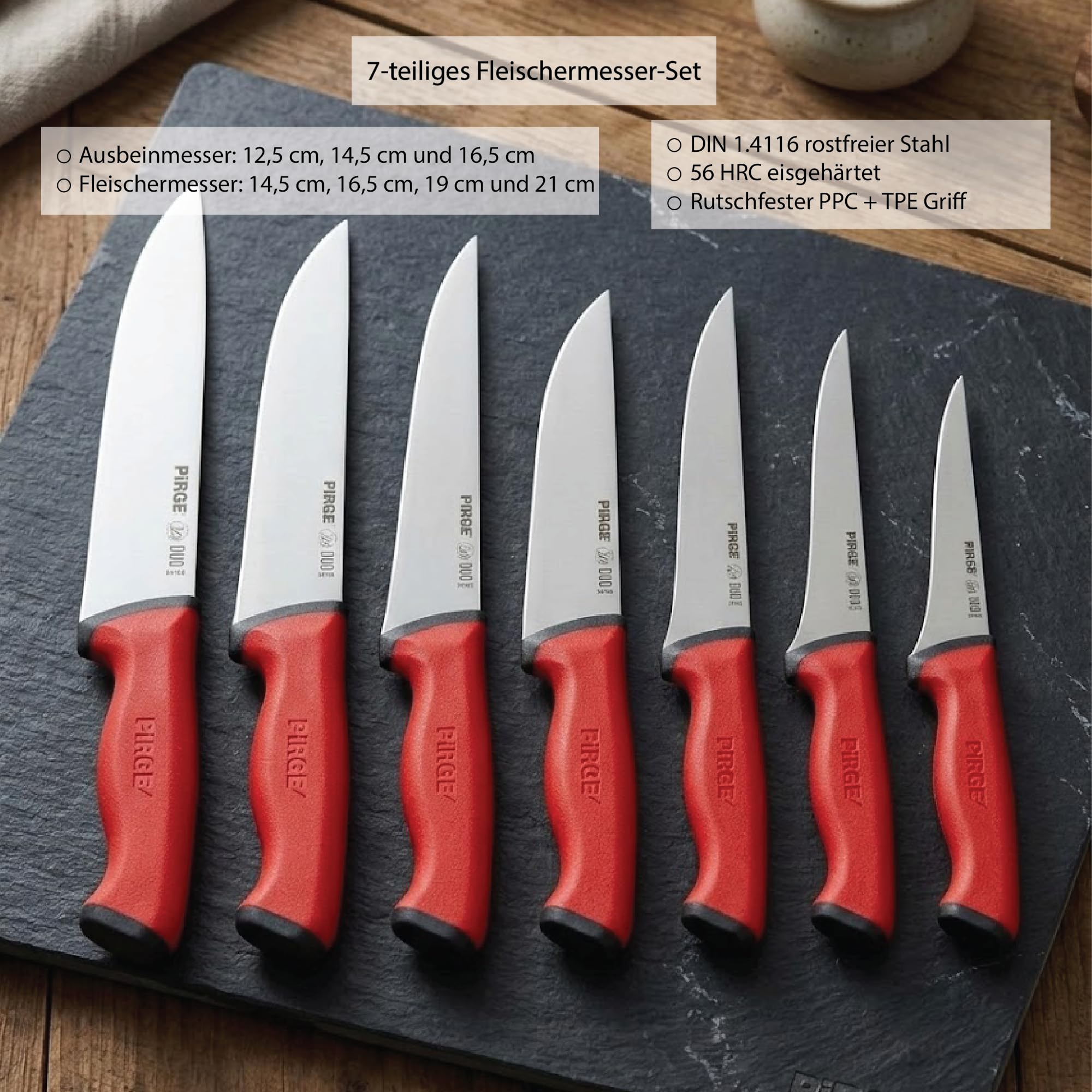 Pirge Duo Coltello da macellaio Mega Set 7 pezzi Coltelli da macellazione Manico antiscivolo - Coltello da carne - Coltello da infilzare - Coltello da disosso con affilatura eccellente -
