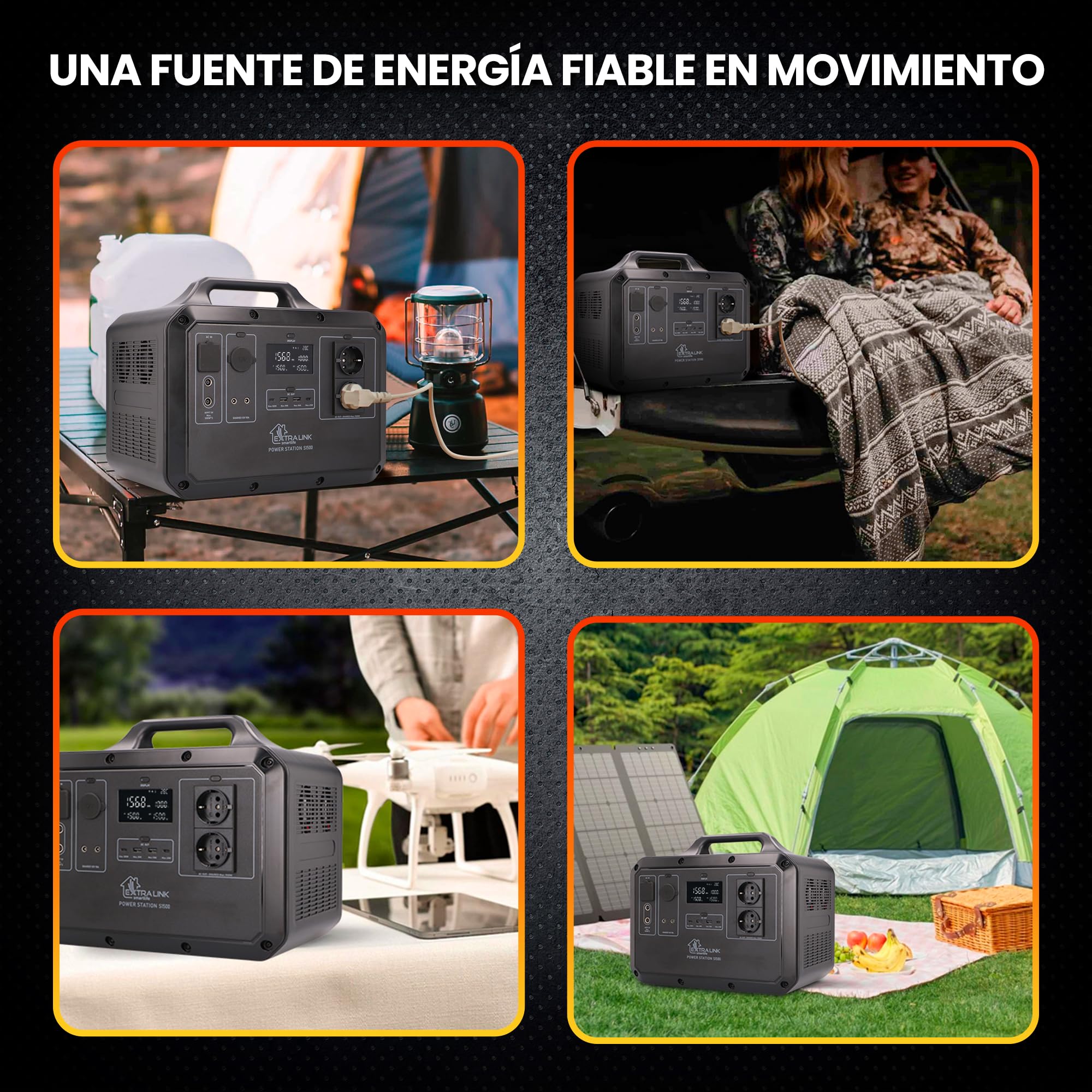 EXTRALINK EPS-S1500F - Stazione di alimentazione portatile LiFePO4, 1568 Wh, 1500 W, 2 USB, 1 USBC PD 100 W, MPPT, alimentata a energia solare, 2 x 230 V AC, 1 x display LED DC di emergenza,