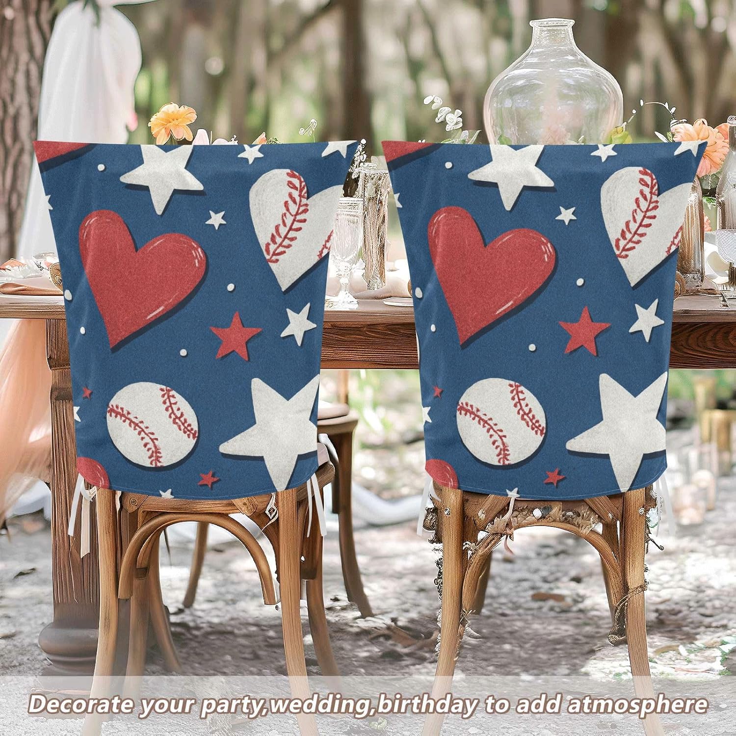 ALAZA Stars Hearts Baseballs Chair Back Cover Set of 6, Washable Reusable Removable Chair Slipcovers Decorative Chair Cover for Home Kitchen Wedding Party