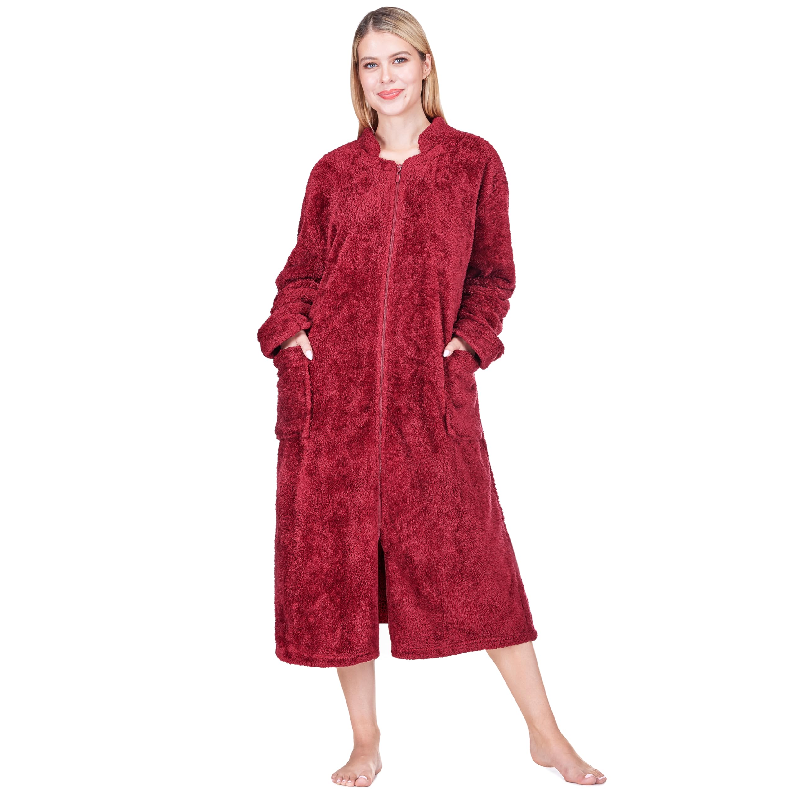 PAVILIA Womens Housecoat Zip Robe, Sherpa Zip Up Front Robe Bathrobe, Plush Warm Zipper House Coat Lounger, Pockets Fluffy