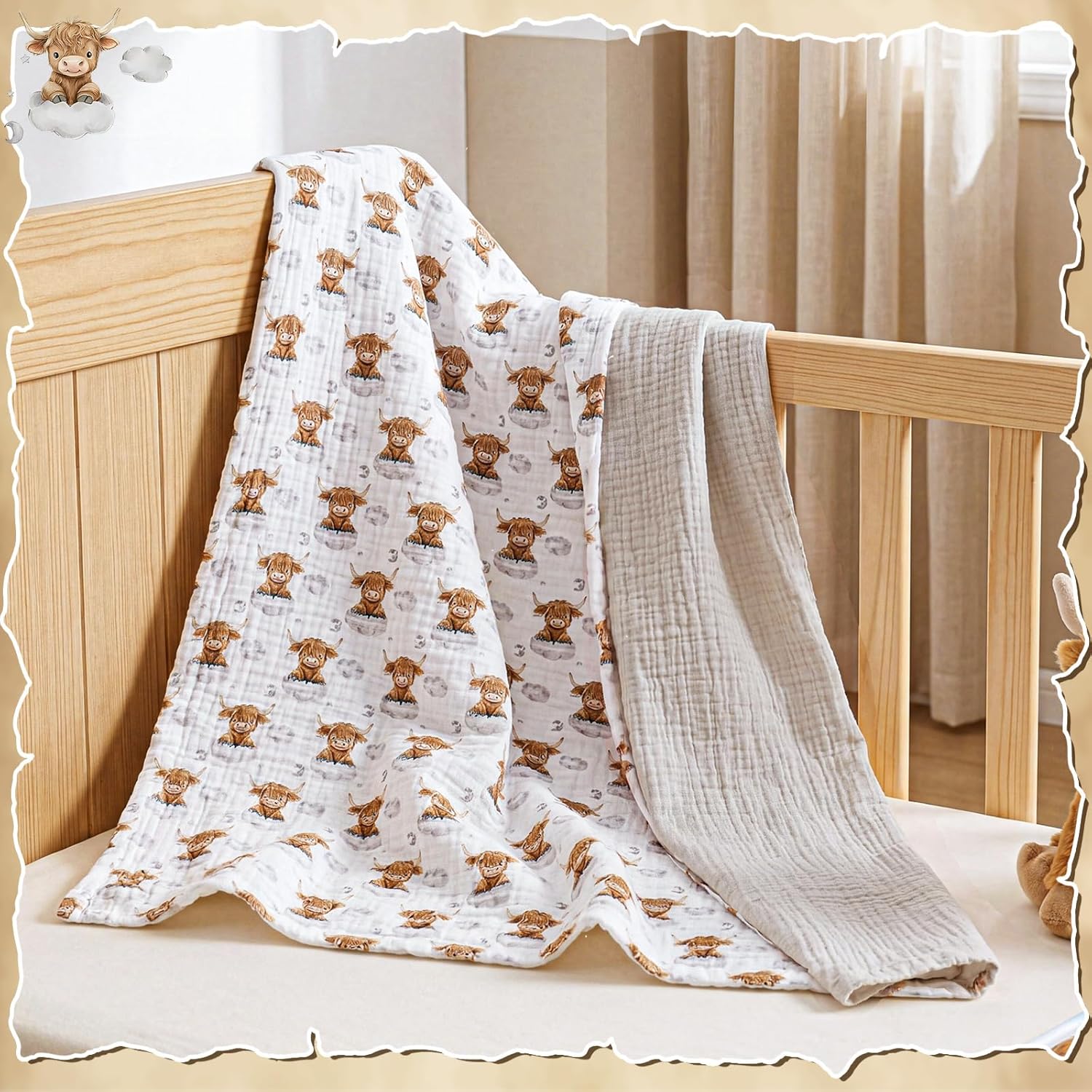 Breling Highland Cow Muslin Baby Blankets for Girls Boys, 100% Cotton Crib Blanket for Infant Toddler, 40 x 36 Inch Soft and Lightweight Nursery Swaddling Wrap