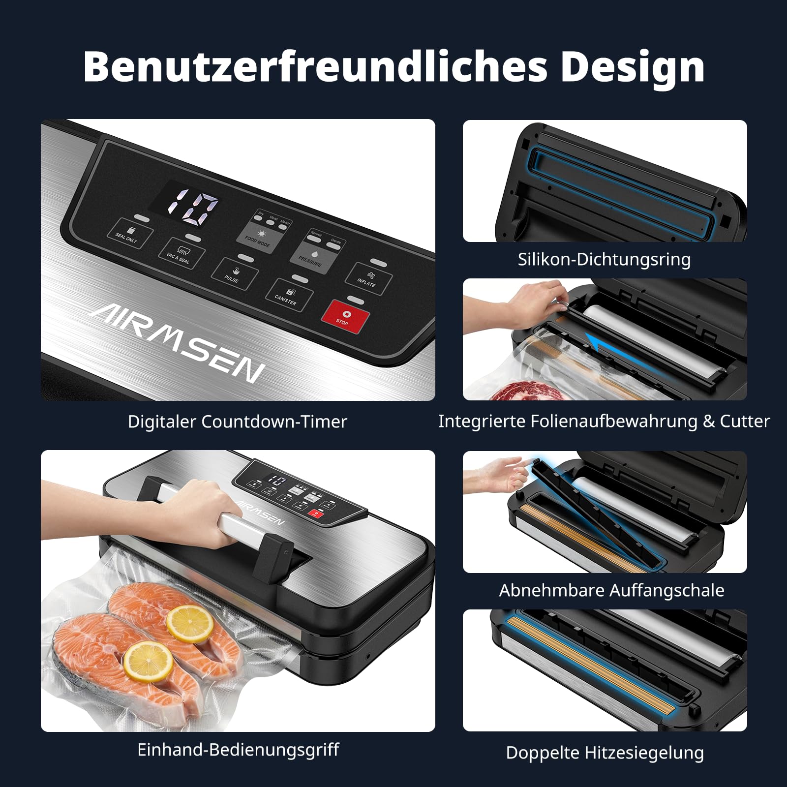 AIRMSEN Vakuumiergerät 95 kPa 120W mit Aufblasfunktion, Doppelschweißnaht, inkl. Rollenfach, Cutter & Schlauch