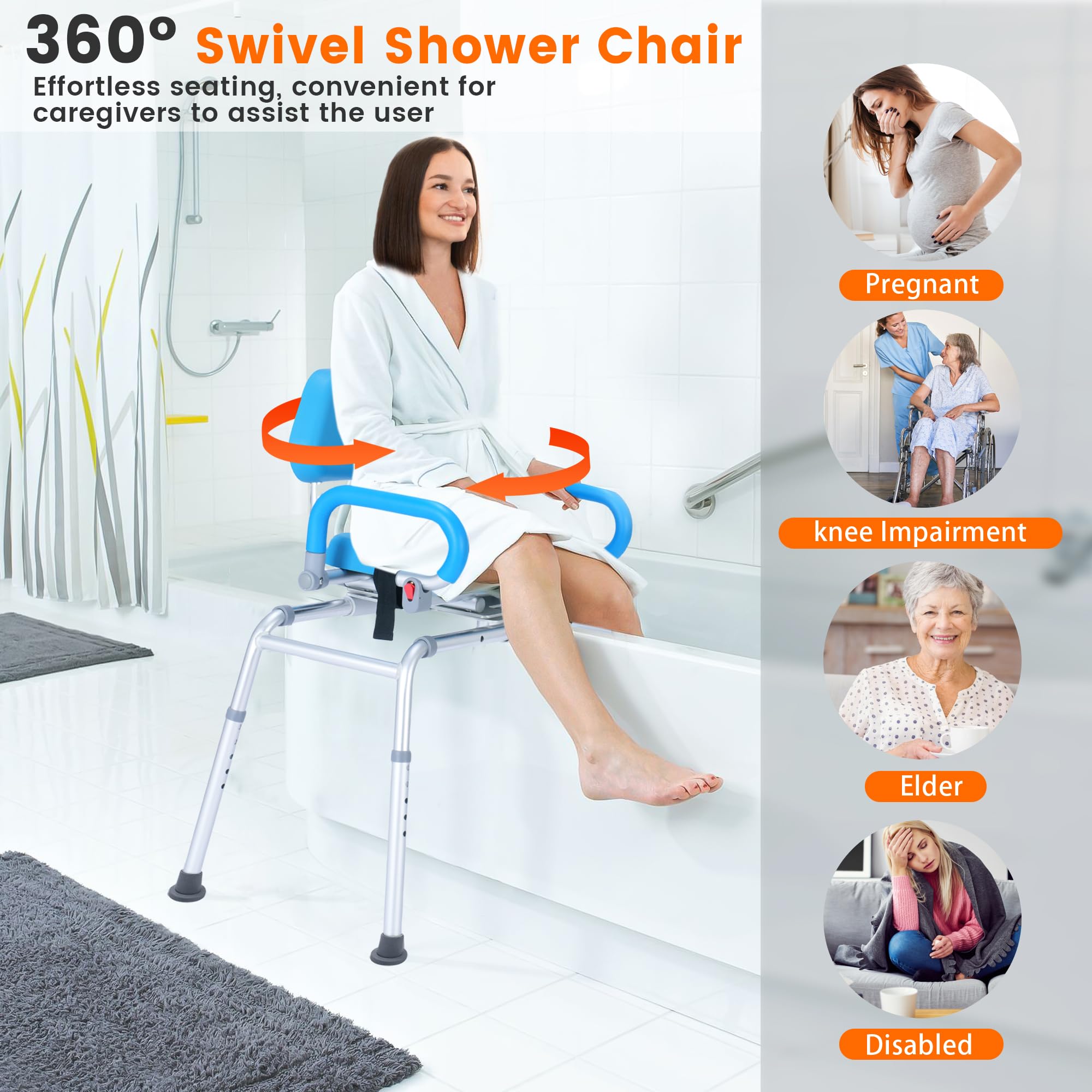 Sliding Shower Chair, Tub Transfer Bench with 360° Swivel Seat, Padded Seat and Pivoting Arms, Height Adjustable Bathtub Transfer Bench for Tubs, Bath Chairs for Adult Elderly Disabled Handicap, Blue
