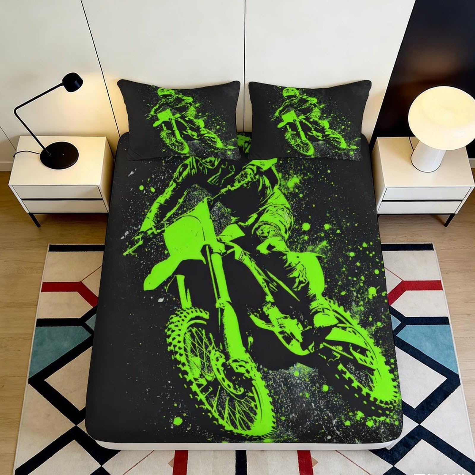 3D Printed Motorcycle Fitted Sheet Microfiber Deep Pocket Bedroom Bedding Full Wrap Motorcycle Mattress Fitted Cover for All Ages 200x200x25cm 90x200x25cm