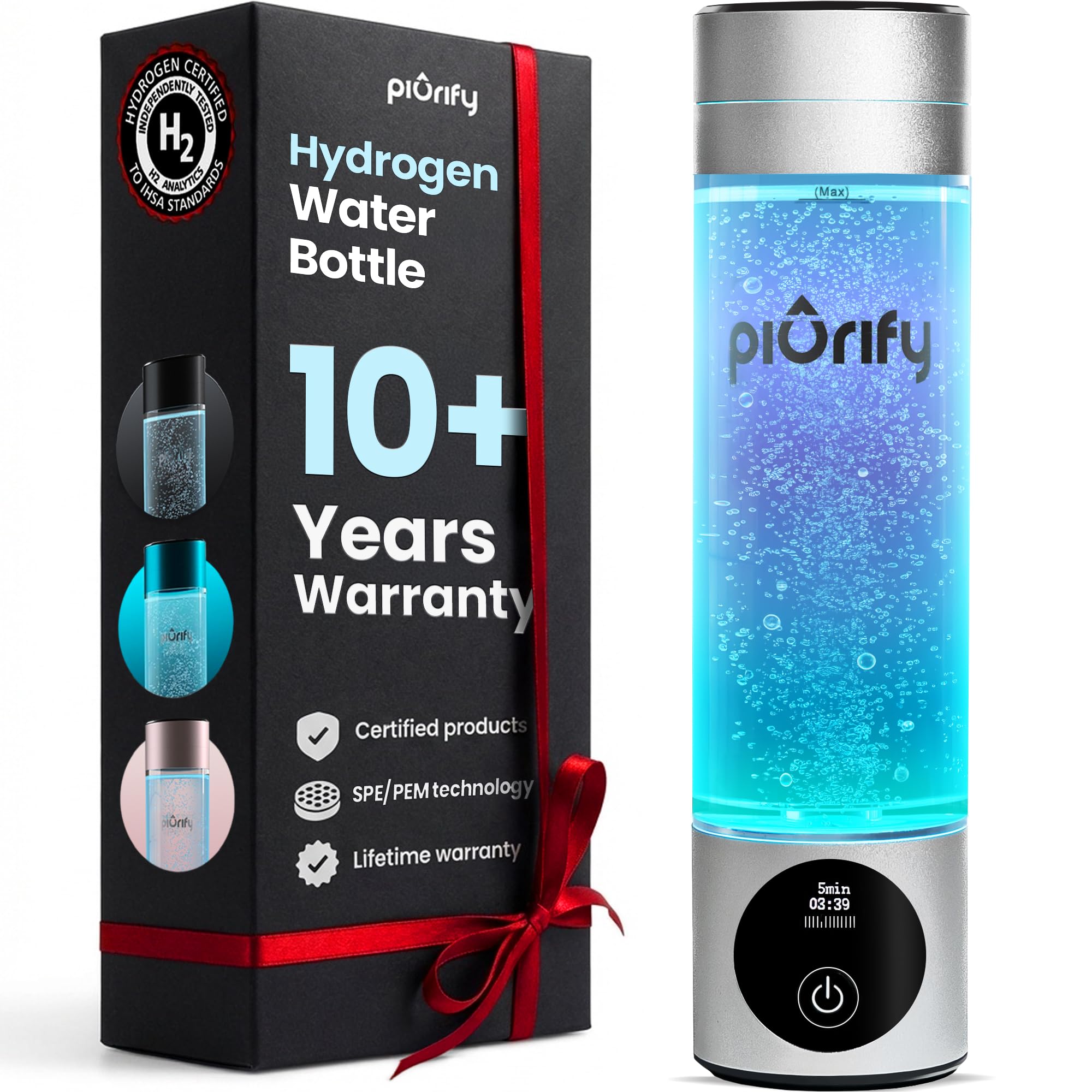 PIURIFY Hydrogen Water Bottle Generator | Up to 6300+ PPB in 3 Cycles | Molecular Hydrogen with SPE/PEM Technology | Certified H2 Generator | Rechargeable | Extended Warranty | 10 oz (Silver)