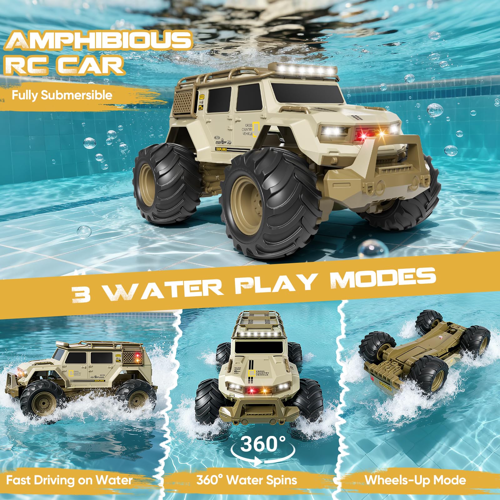 1:14 Coche Teledirigido, 2,4 GHz RC Monster Truck con Luces LED, 4 WD Todo Terreno Stunt Coche, Monster Truck Teledirigido Perfecto Regalo para Niños (Caqui)