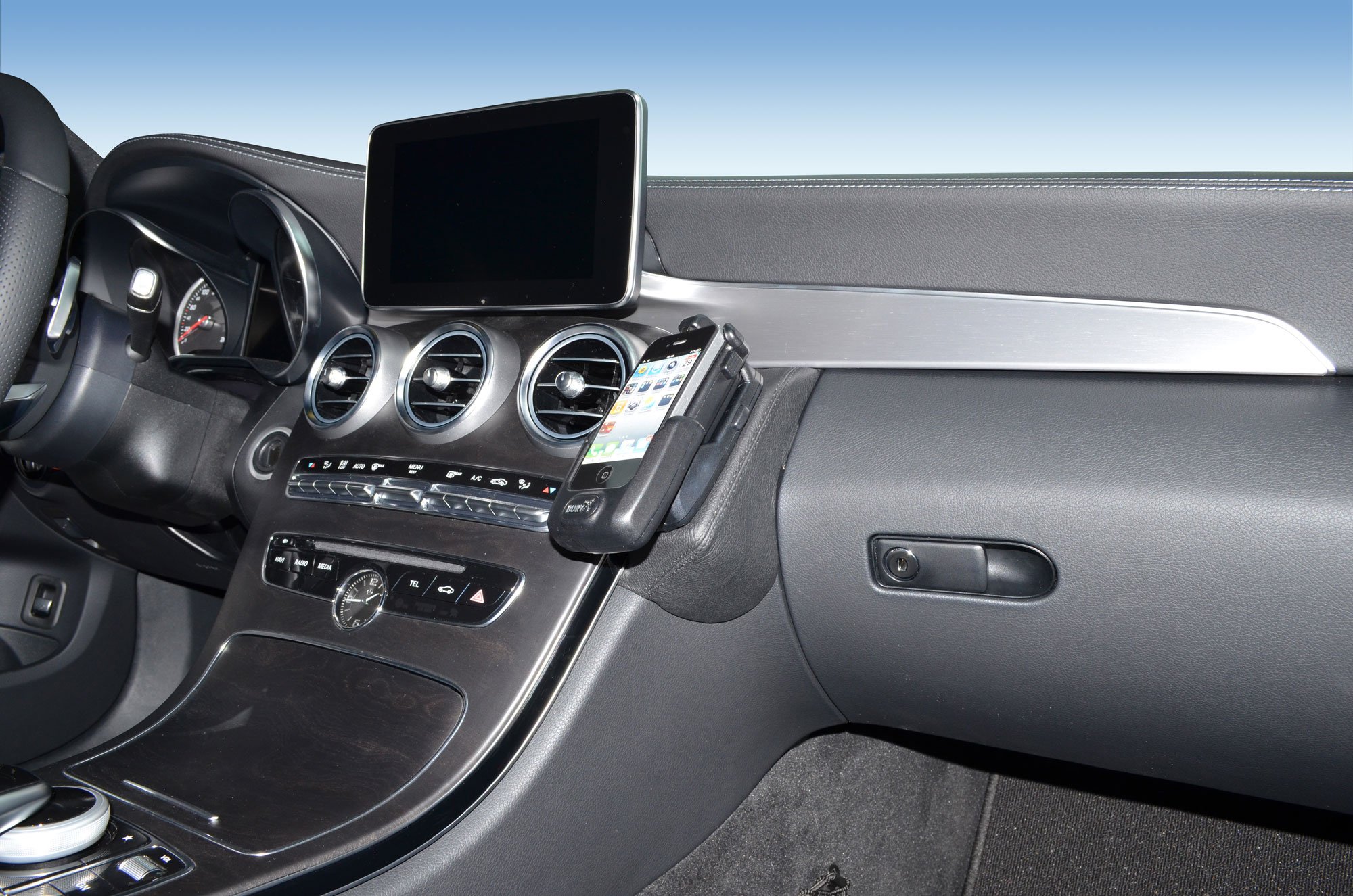 KUDA Handyhalterung passend für Mercedes C-Klasse ab 2014 (W205) - Telefonkonsole für Smartphones, Handy, Navi und mehr - Kunstlederkonsole, Schwarz, 1295
