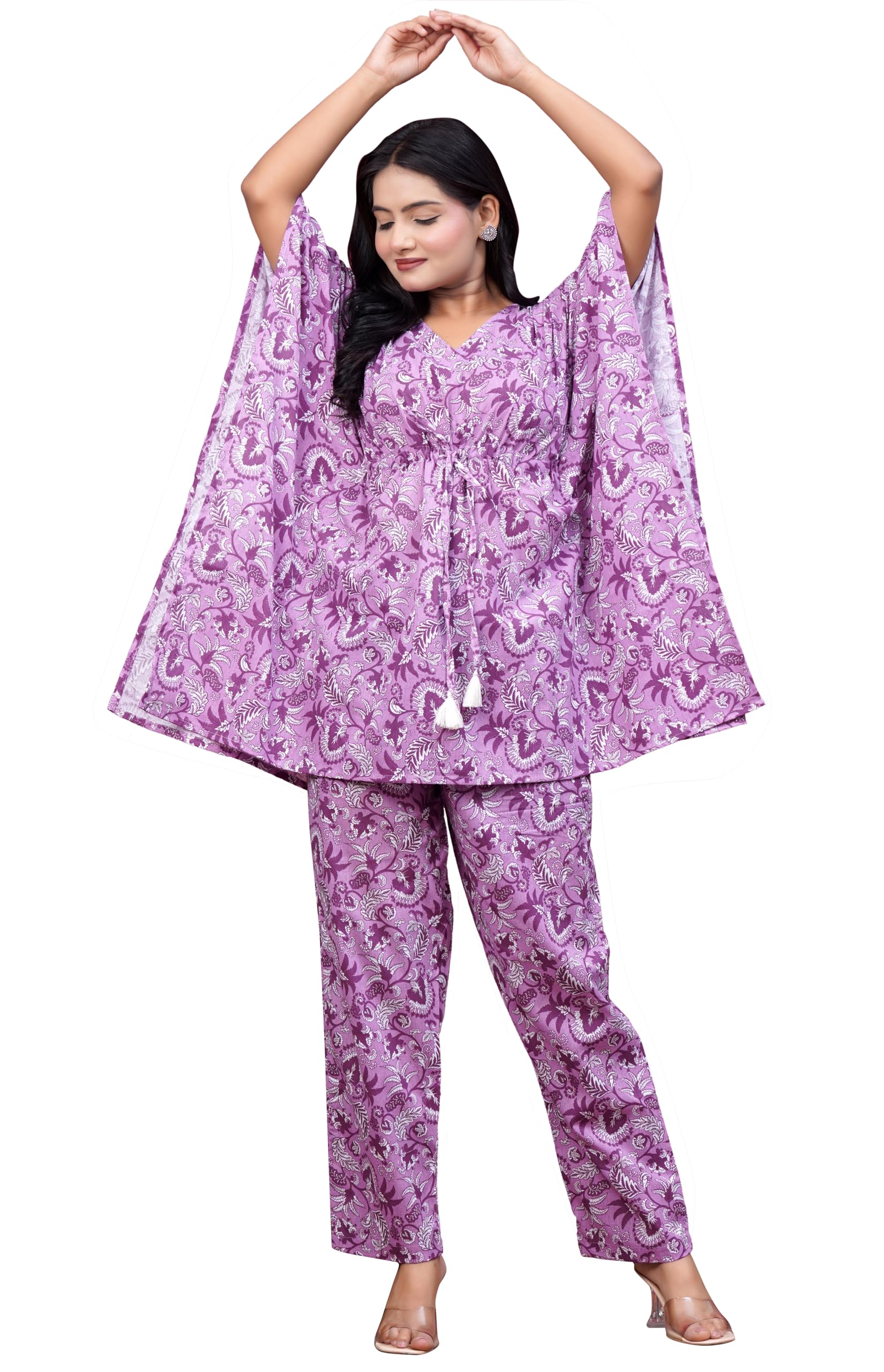 vadhika garments Women's Cotton Printed Kaftan Pajama Set, Purple Floral, V-Neck with Tassel Tie, Casual Loungewear-picture-54