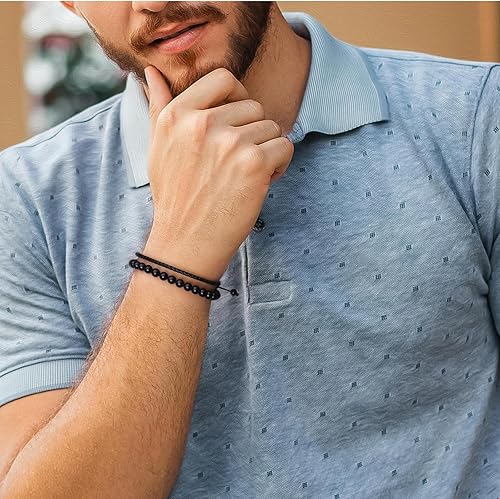 Miniatura 21 de Black Beaded Bracelets for Men Boys: 6mm Obsidian Onyx Lava Beads Mens Bracelet Set Mens Jewelry - Cool Anniversary Valentines Fathers Birthday