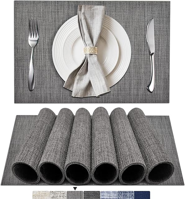 BETEAM Placemats Set of 6, Gray Woven Vinyl Placemats, Washable & Durable Table Placemats, Indoor/Outdoor Use Table Mats