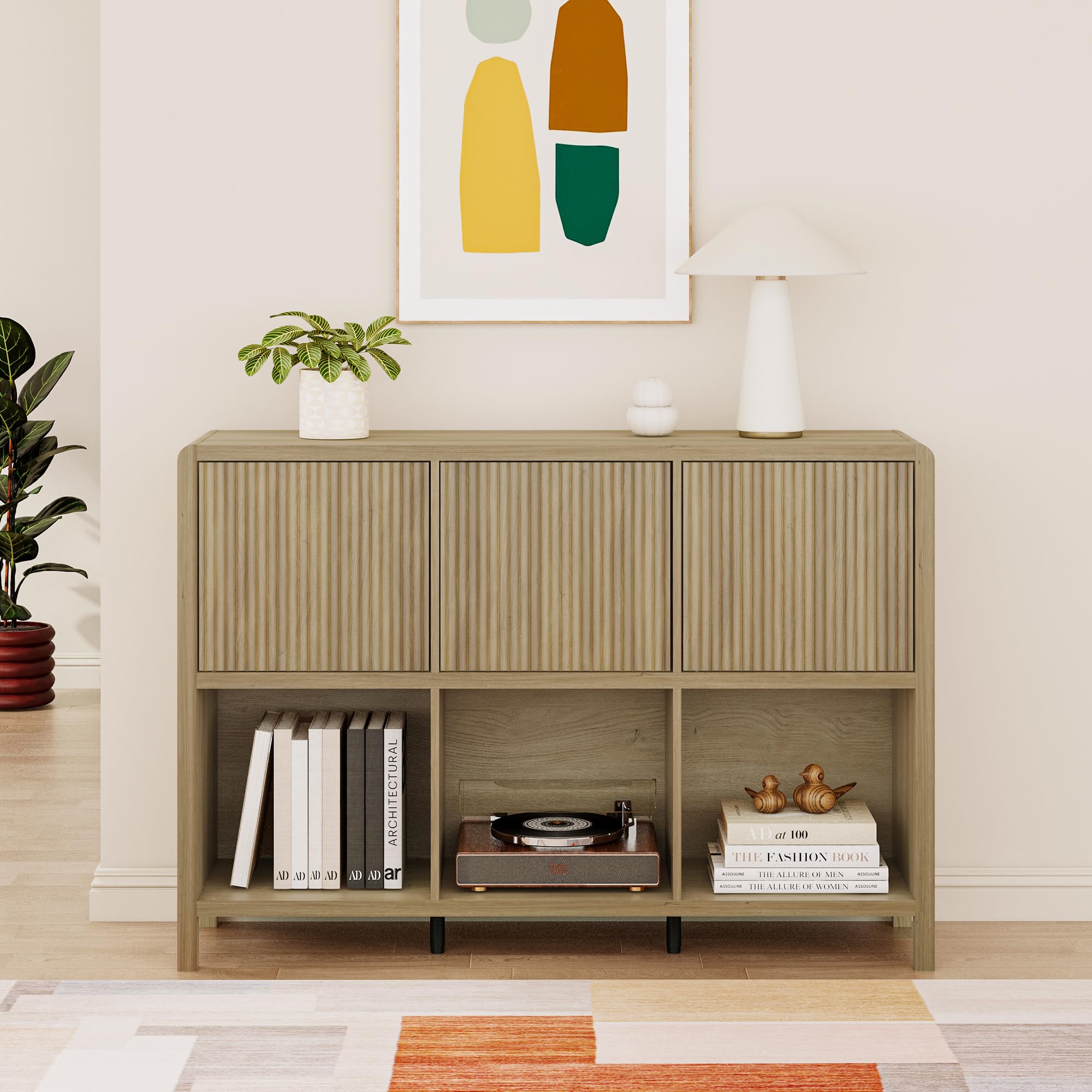 [en.casa] Lukkodso komoda do salonu z 3 drzwiami, komoda typu push-to-open, 6 półek, 77 x 110 x 30 cm, imitacja dębu, rustykalna