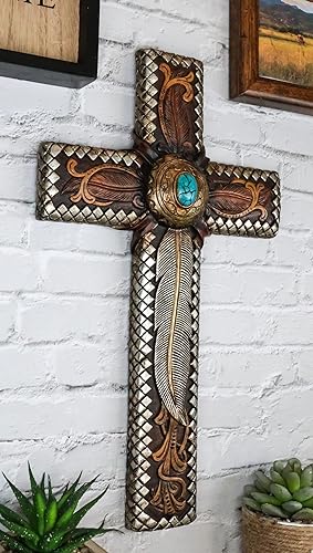 Vista 8 de Ebros Gift Coloridas plumas rústicas del suroeste nativo indio atrapasueños con cruz de pared de roca turquesa, placa decorativa de 14 pulgadas