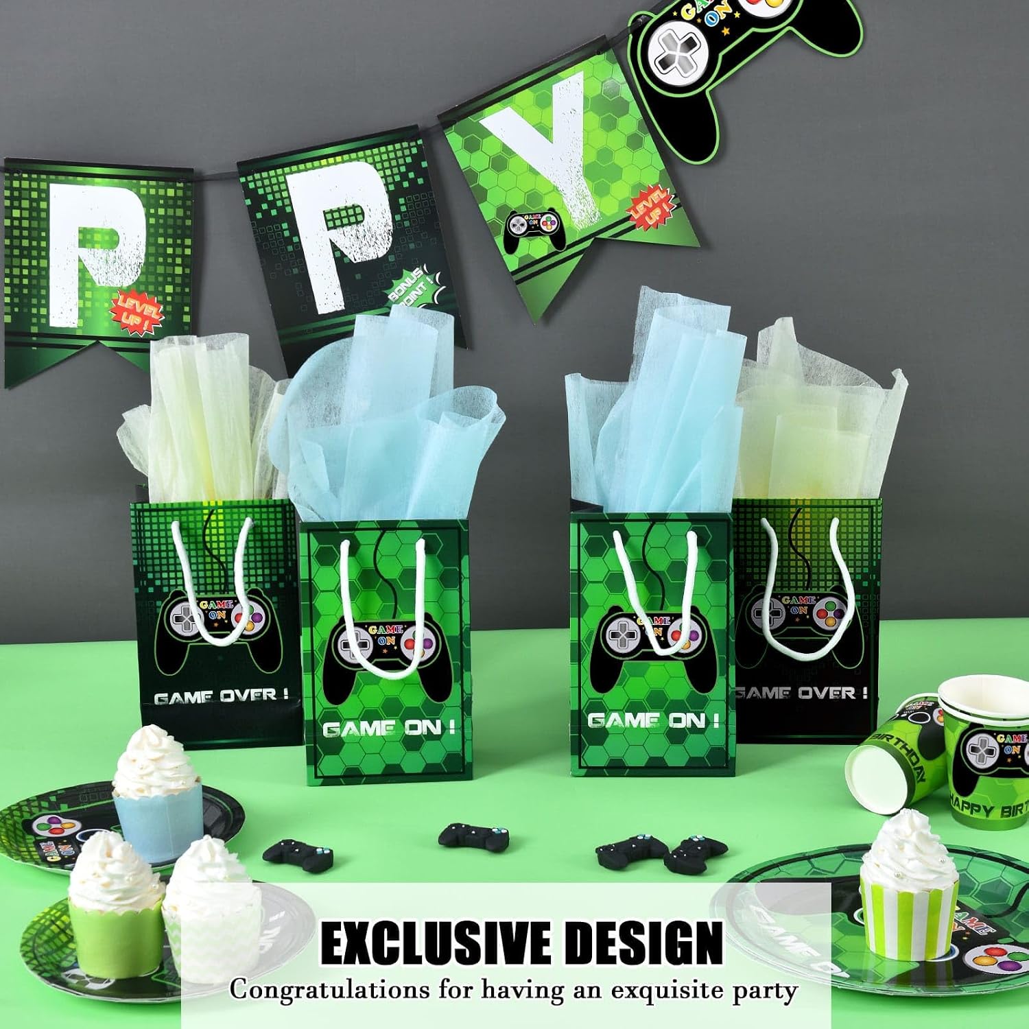 WERNNSAI Video Game Party Favor Bags - 16 Pack Gaming Birthday Party Decorations for Kids Boys Green Game Goodie Bags with Handles Game On Birthday Party Supplies for Baby Showe Anniversary