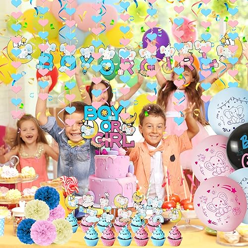 Miniatura 7 de Elefante revelación de género suministros de fiesta azul y rosa decoración de baby shower pancarta de elefante decoración de pastel para magdalenas