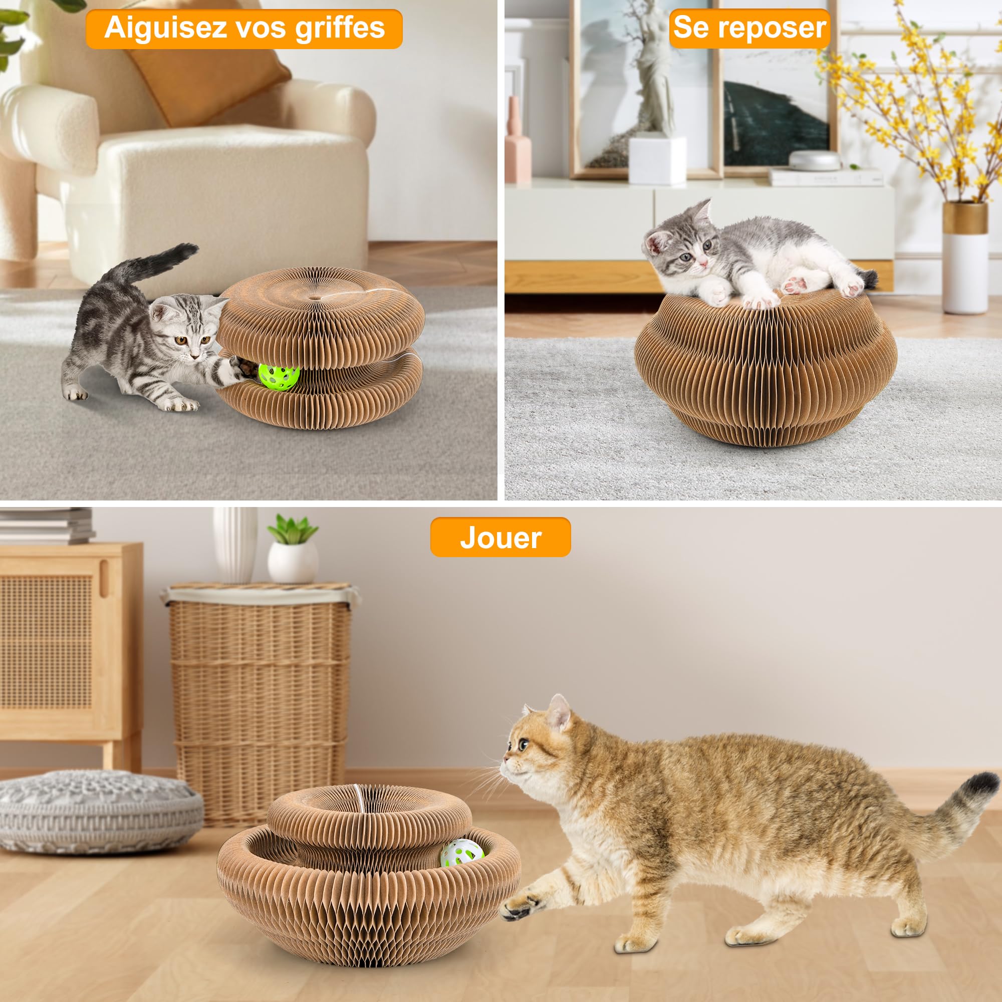 Griffoir Interactif Pour Chat En Carton - Pliable, Transformable, Avec Cloche - Jouet Anti-rayures, Forme Multiple - 7