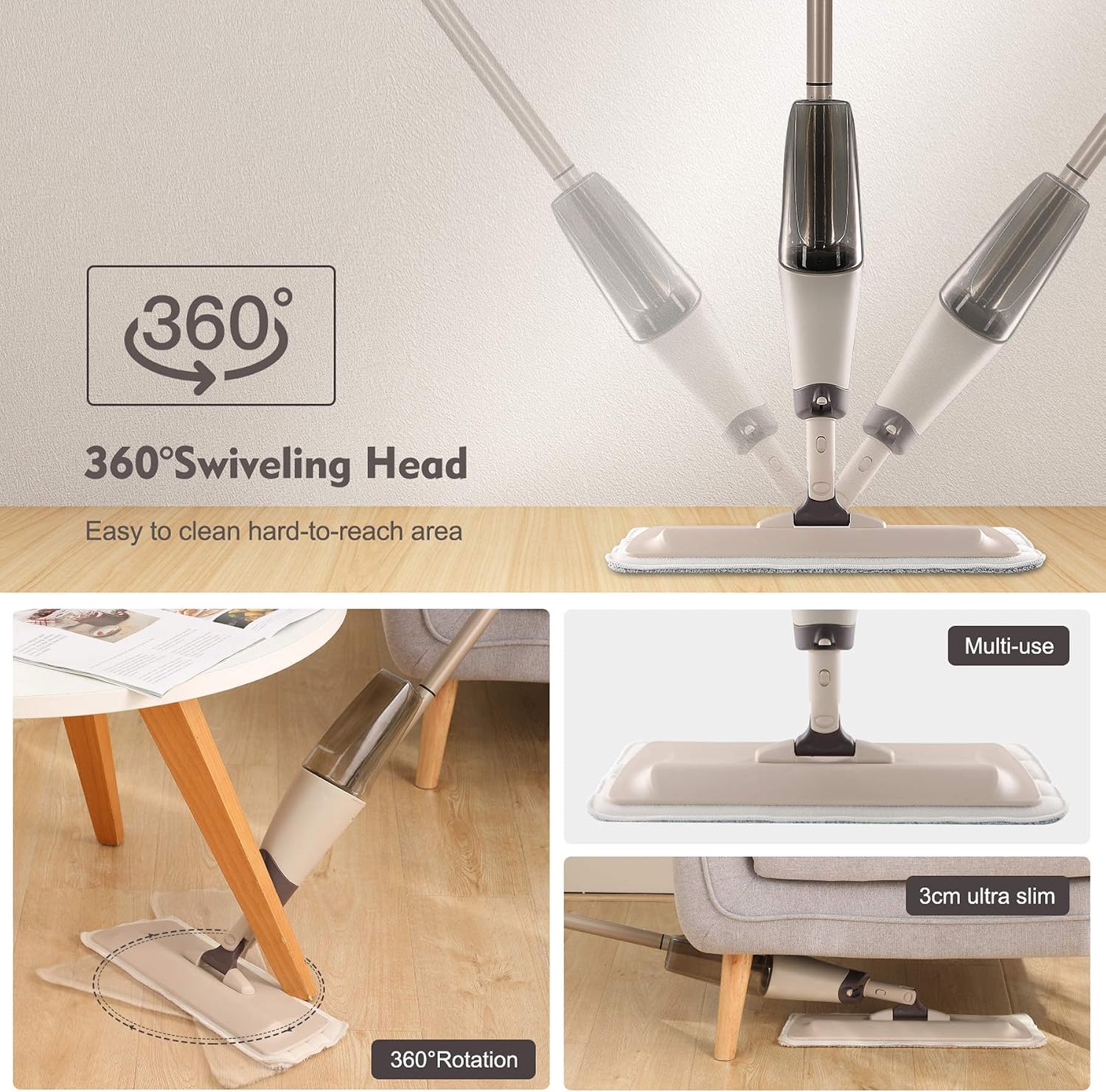 Eyliden Spray Mop, Mops for Floor Cleaning with 2pcs Microfiber Reusable Pads and 22 oz Bottle, Wet Jet Flat Mop for Wood Hardwood Laminate Ceramic Tiles Floor Cleaner Tools