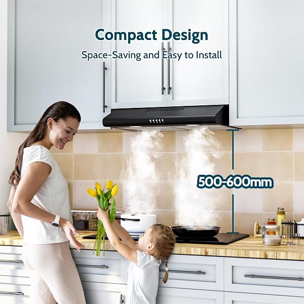 FIREGAS Visor Cooker Hood 60 cm with Brushless Motor, Black Extractor Hood 600mm,Under Cabinet Hood, Wall Mounted Extractor,Recirculation & Extraction, 3 Speed Fan - 2