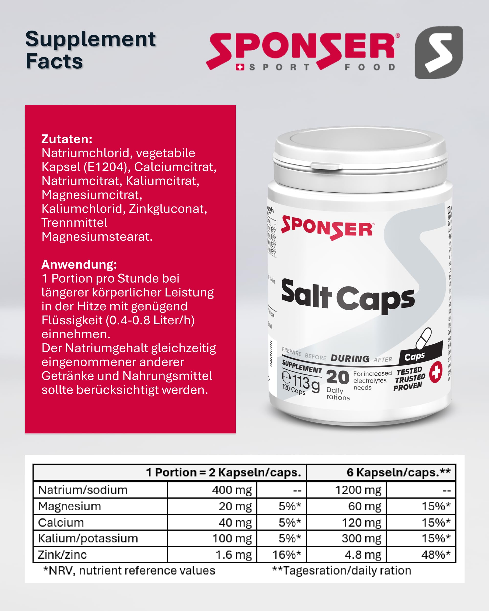 SPONSER Salt Caps - 120 Salz Kapseln - Vegane Elektrolyt-Kapseln Sport - Elektrolytmischung für Ausdauer & Hitze - Gluten- & Laktosefrei - Ohne Zucker für Lange Belastungen & Low Carb Training