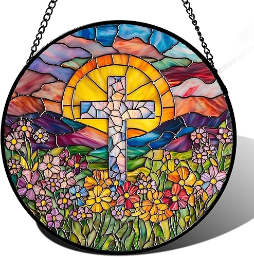 Colgante de Vidrio Emplomado para Ventana - Cruz Flor Mar Atrapasol para Puerta Terraza Jardín Decoración del Hogar, Atrapasol de Paisaje