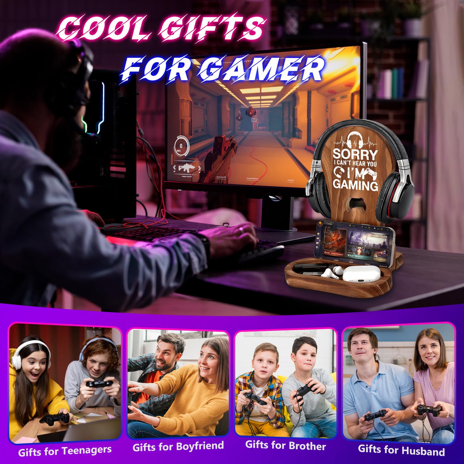CryCarrot Regalos para jugadores para adolescentes y hombres, soporte de madera para auriculares y decoración de sala de juegos, con texto en inglés "Sorry I Can't Hear You I'm Gaming"