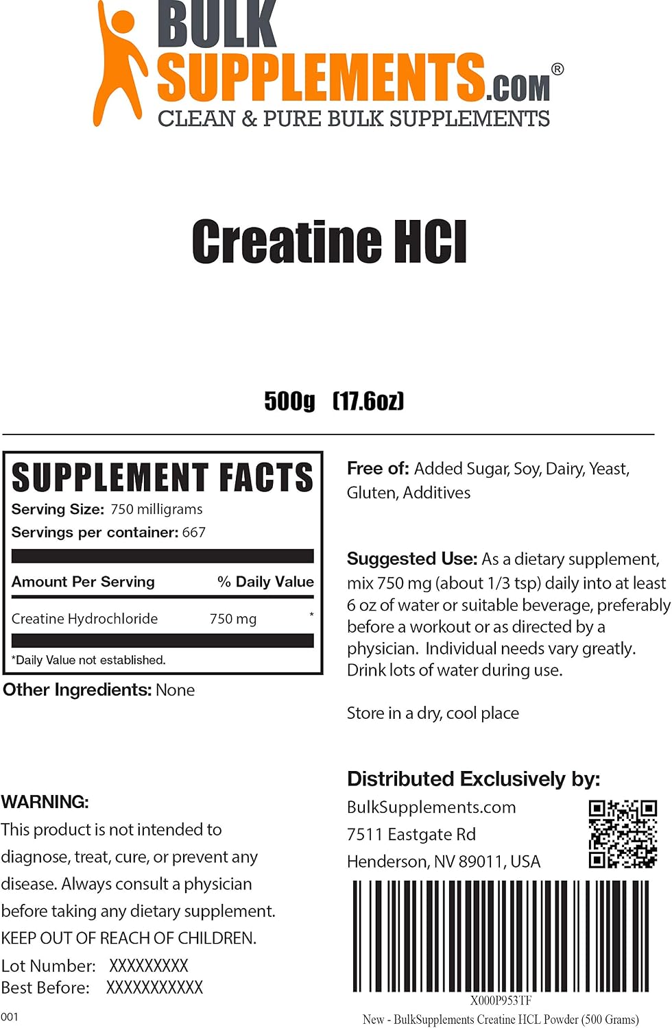 BULKSUPPLEMENTS.COM Creatine HCl Powder - Creatine Supplements for Pre-Workout & Post Workout, Creatine Powder - Unflavored Powder - 750mg per Serving (500 Grams - 1.1 lbs)