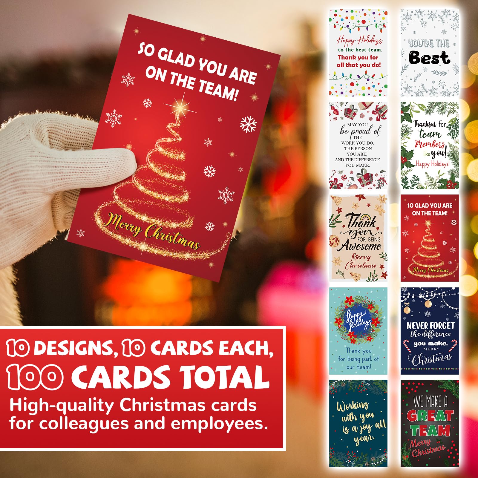 Dunzoom Lot de 100 cartes de remerciement de Noël pour employés avec enveloppes et autocollants 10,2 x 15,2 cm - Cartes de vœux de remerciement pour enseignant, université, affirmation