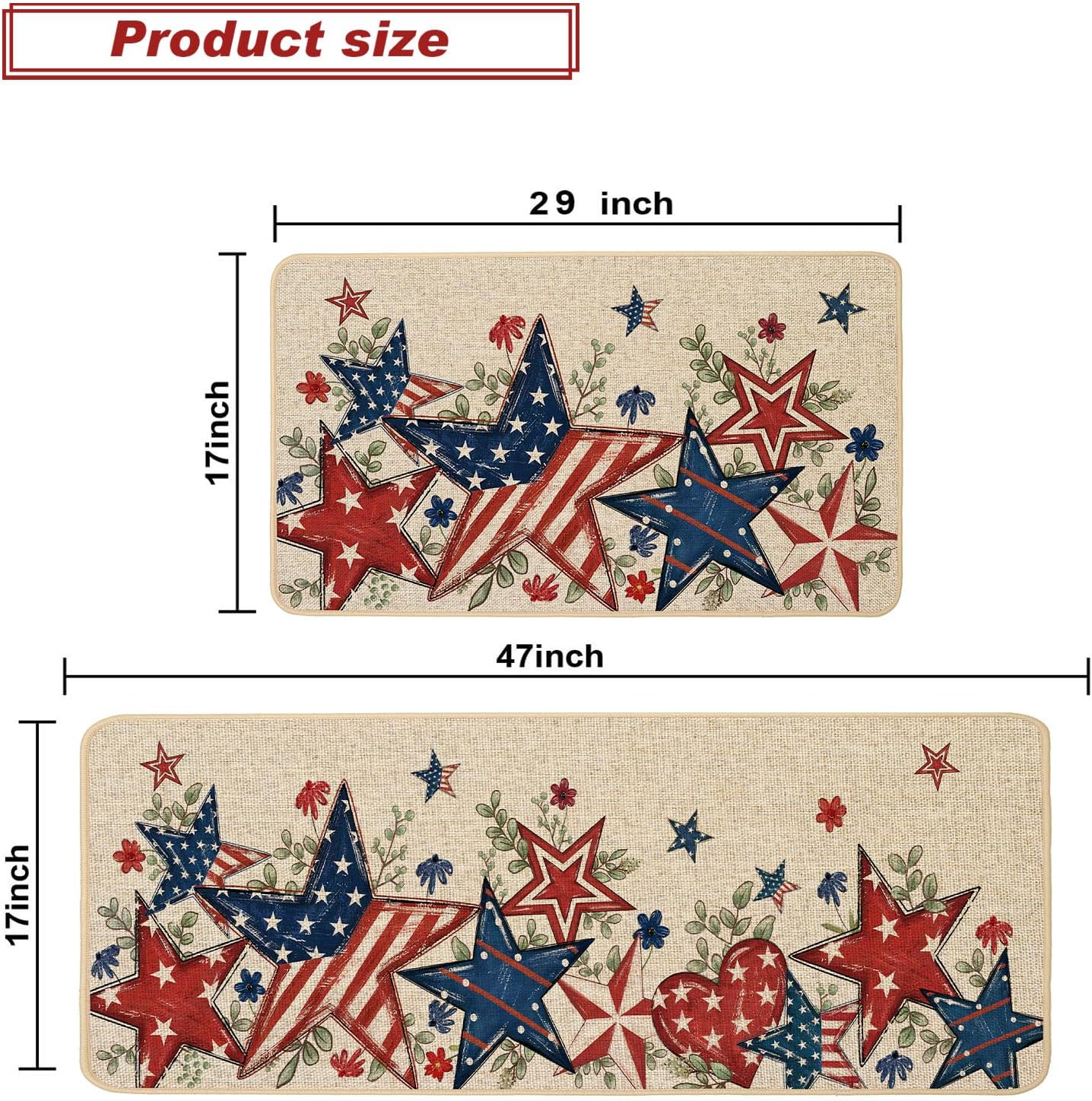 Baccessor Patriotic Kitchen Rugs Set of 2, Memorial Day 4th of July America Stars and Stripes Kitchen Mats Non Slip Washable Low-Profile for Floor Holiday Home Decor 17x29 and 17x47 Inch