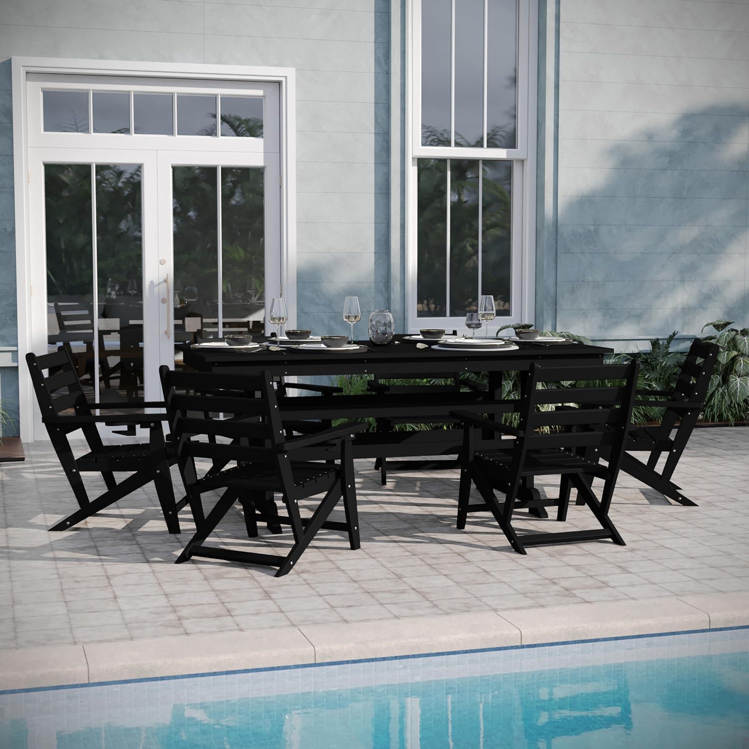 EMMA + OLIVER Dayton Outdoor Dining Table for 6, Adirondack Style Recycled HDPE All-Weather Table, UV Fade and Weather Resistant, 72" Rectangle, Black