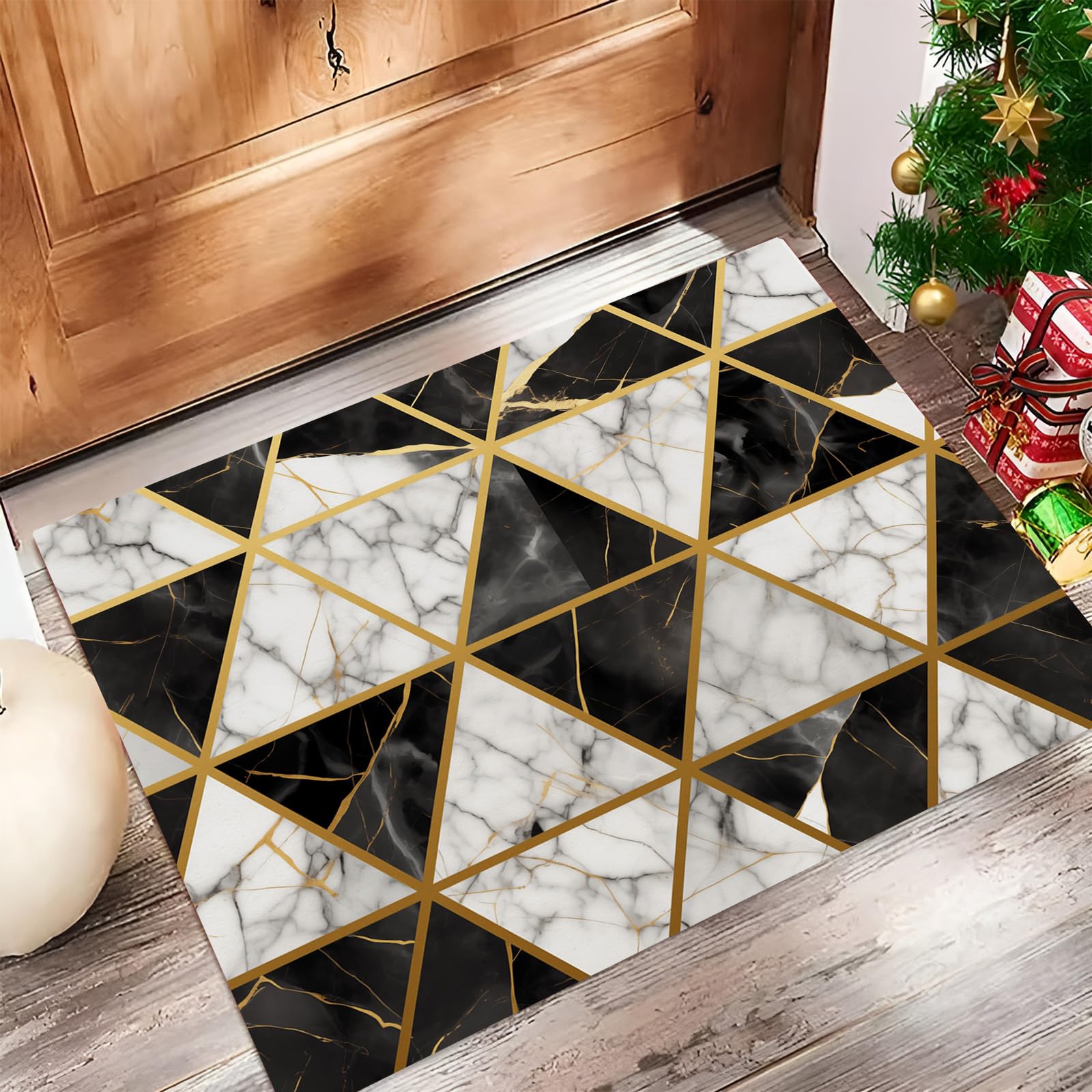 Paillasson Intérieur 90x150cm Gris Foncé - Tapis d'Entrée Géométrique Marbre Triangle Antidérapant