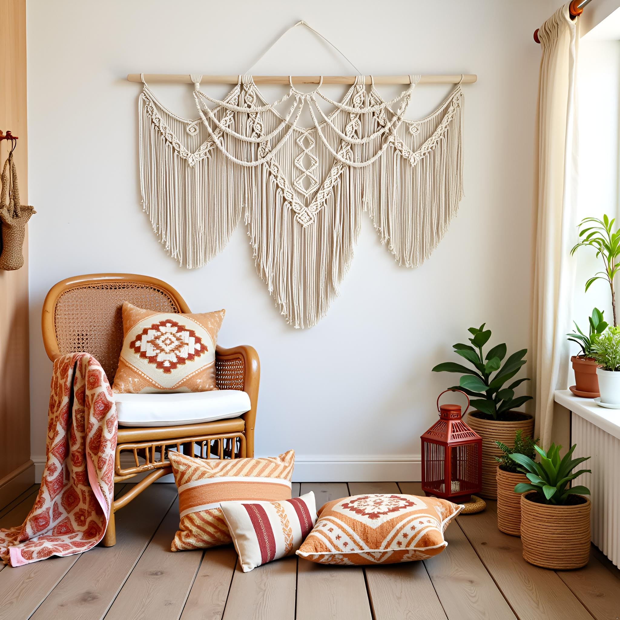 Großer Makramee-Wandbehang – Boho-Wandteppich, Makramee-Wanddekoration, Kunst, schick, böhmische Handarbeit, gewebter Wandteppich, Wohnung, Hochzeitsfeier – 109.2x81.3 cm (Beige-Fransen)