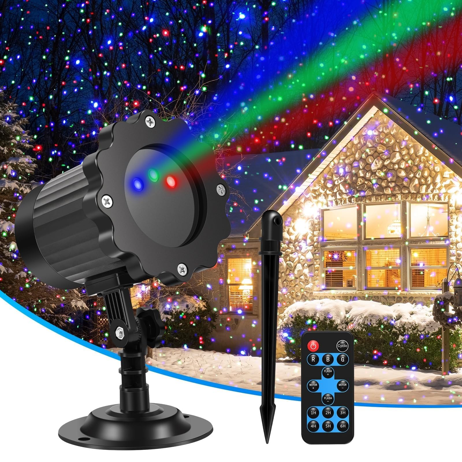 Projecteur de Noël extérieur, projecteur de lumière étoilée LED 3 Couleurs, avec télécommande, pour extérieur, intérieur, fête de Noël, terrasse, Jardin, décoration