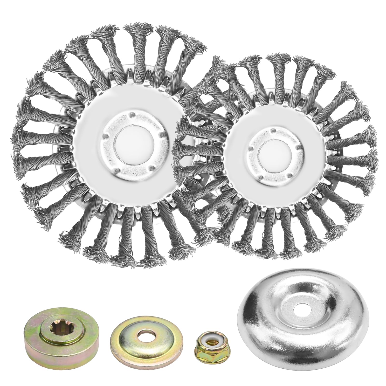 Hoypeyfiy 2 x Professionelle Unkrautbürste für Freischneider, 8 Zoll + 6 Zoll Edelstahl-Drahtbürste, 25,4 mm Kegel-Unkrautbürste mit 4 Adaptern für Unkraut und Moos