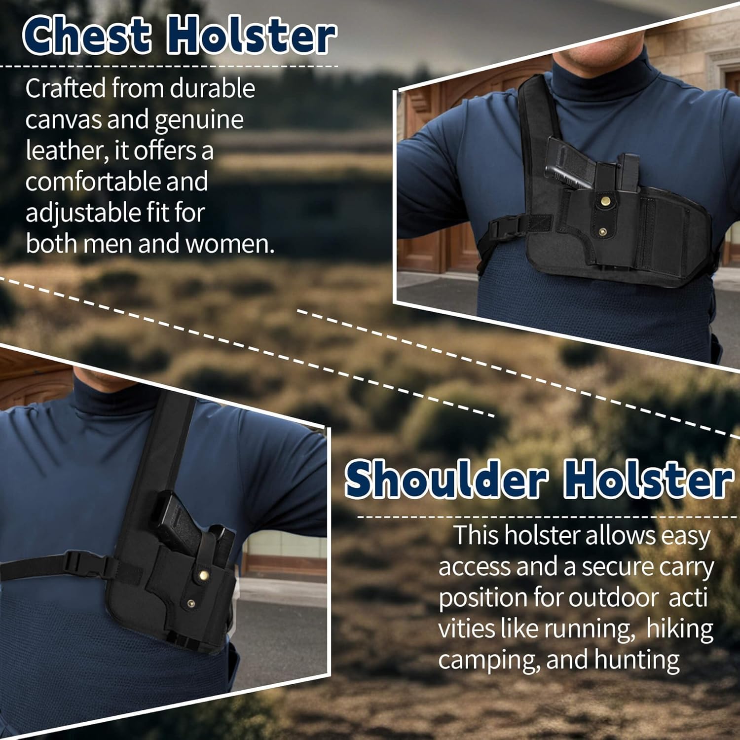 Chest Holster, Shoulder Holster for Men and Women Right Hand, Canvas and Leather Adjustable