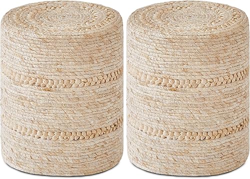 Miniatura 7 de Wimarsbon Puf otomano de 2 piezas, taburete de pie de hierba marina natural, otomana redonda tejida a mano, asiento decorativo bohemio, puf trenzado