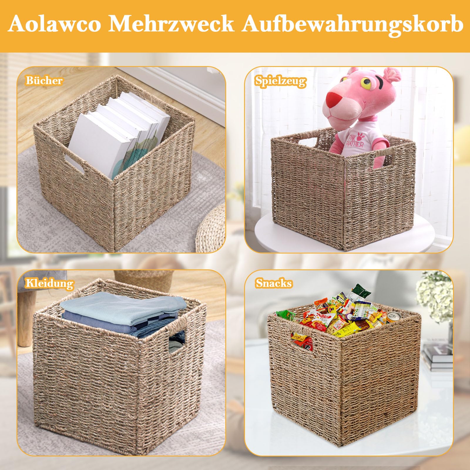 4 Stück Korb Geflochten Aufbewahrungskorb, Faltbar kallax Weidenkorb zur Aufbewahrung, 28 x 28 x 28cm Stabiler Korb Aufbewahrung mit Tragegriffen für Regale, Speisekammer, Bäder, Wohnzimmer