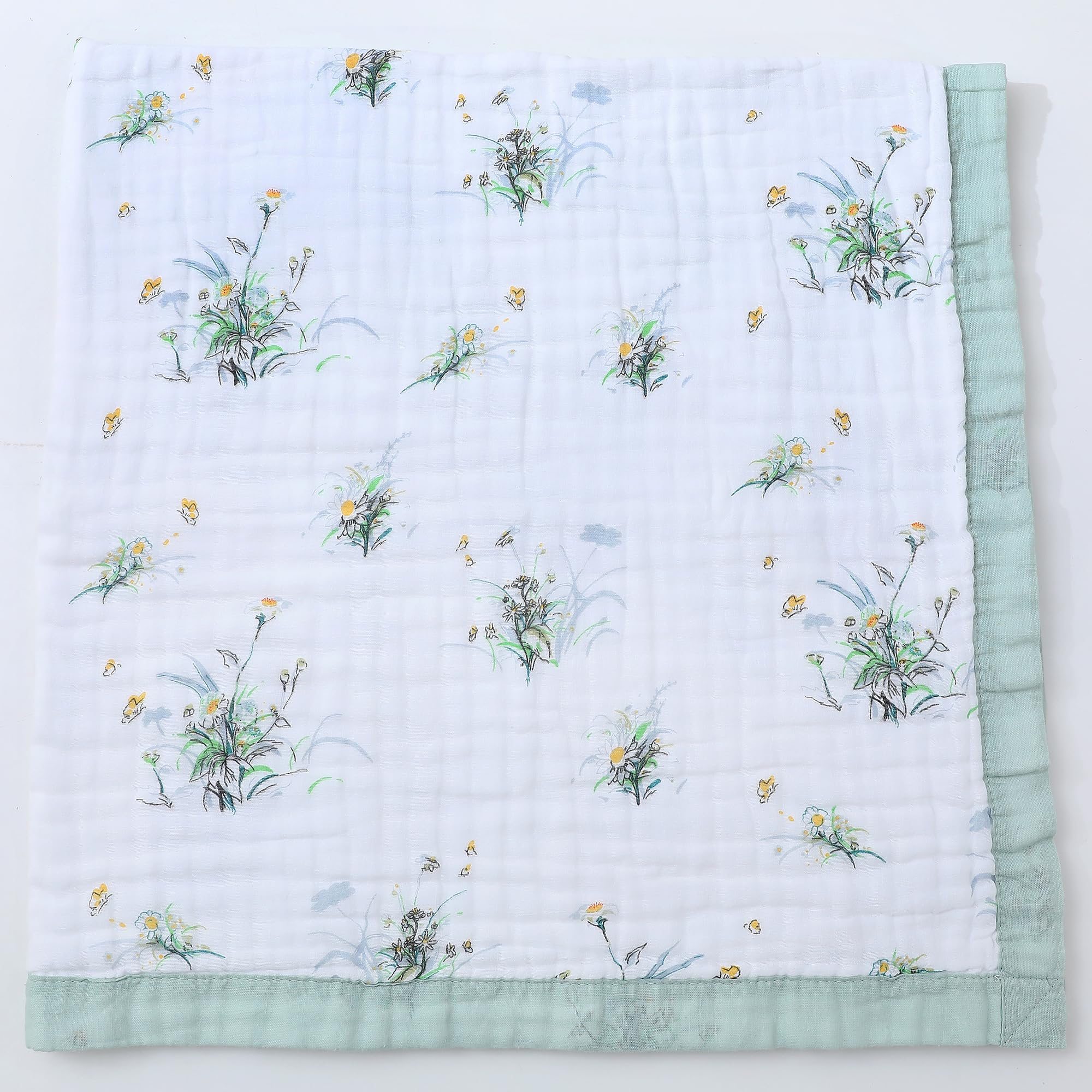 Jay &amp; Ava Soft Cotton Muslin Blanket 42' x 42', Toddler Baby Crib Blanket - 4 Layers - Green Daisy