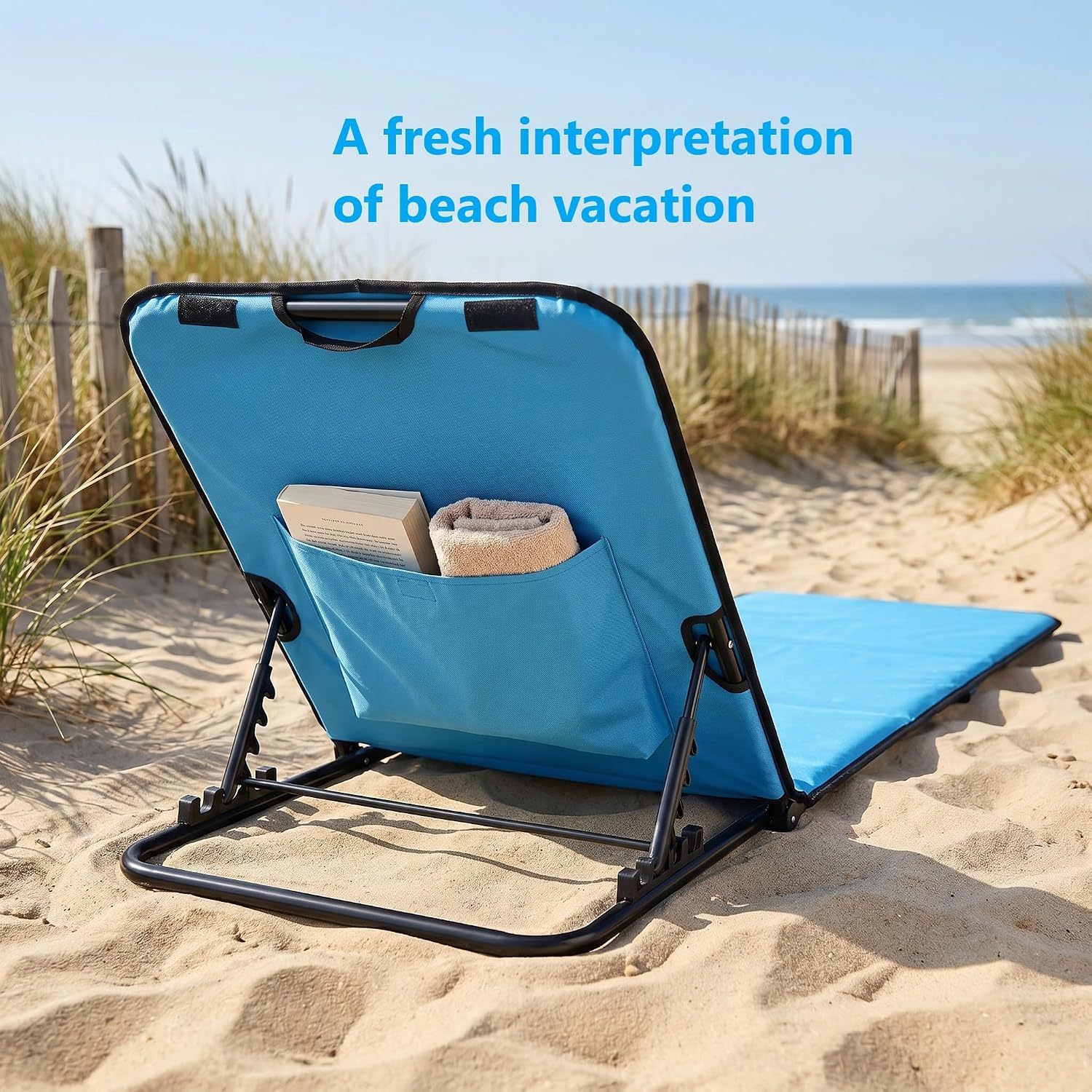 Folding Beach Lounge Mat, 5 Adjustable Positions with Headrest & Large Storage Pocket, 600D Oxford Breathable Fabric, Portable Outdoor Recliner for Beach Pool Camping Picnic