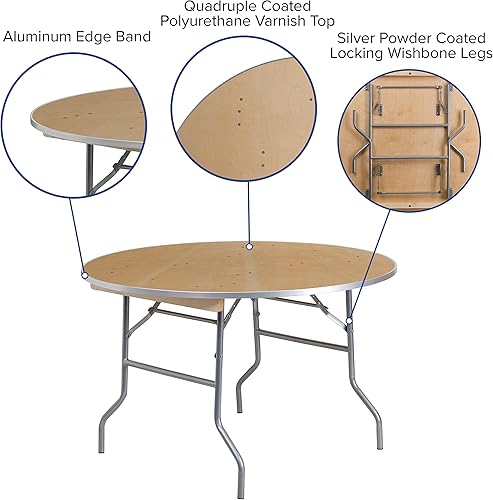 Miniatura 4 de EMMA + OLIVER Mesa de banquete plegable redonda de madera de abedul resistente de 4 pies con bordes de metal