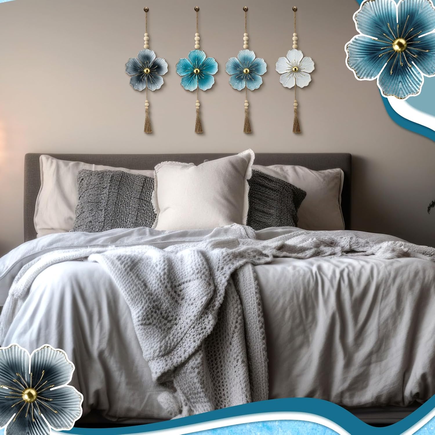 Tandefio 4 Pcs Metal Flower Wall Decor 7.9 x 22 Inch Large Metal Wall Art Decor Rustic Blue Floral Hanging Art for Living Room Home Bathroom Bedroom Indoor Outdoor(Classic)